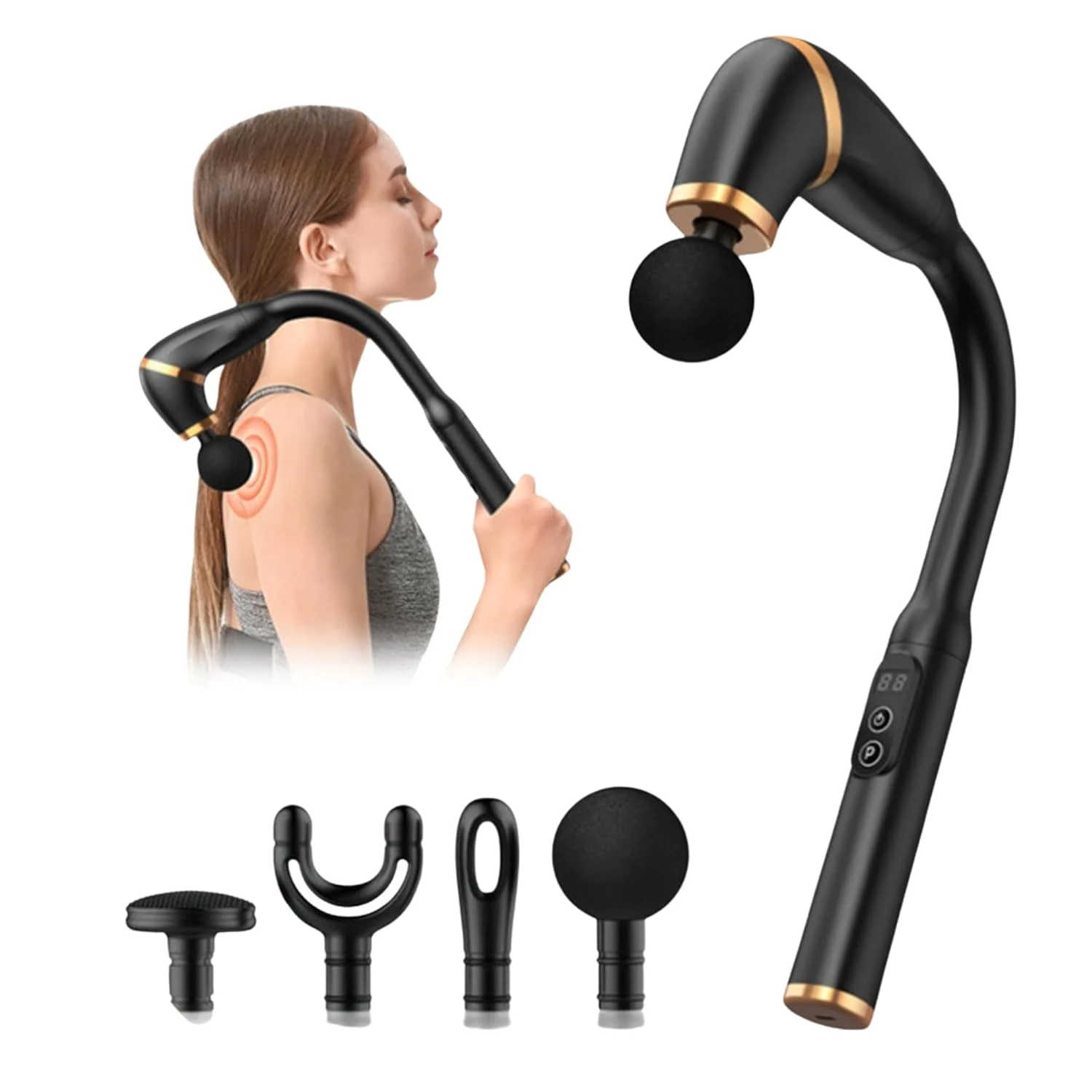 Portable Fascial Gun Body Massager With Handle 4 Professional leval massage heads, Pack Of 1, Black