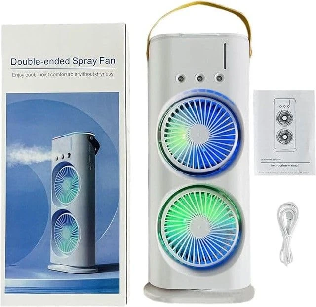 Portable Double Ended Mist Spray Fan for Summer Room Cooling, USB Rechargeable Mini AC Air Cooler Misting Fans for Home,Table | Electric Cooler With 280ml Water, 7colors Led Remote (White)