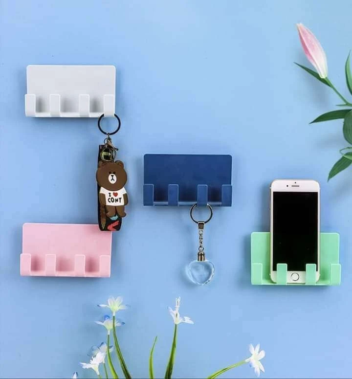 Wall Hooks Key Holder with Mobile Stand | Multipurpose Organizer for Keys, Phones, Cables & Accessories | Strong, Waterproof & Space-Saver