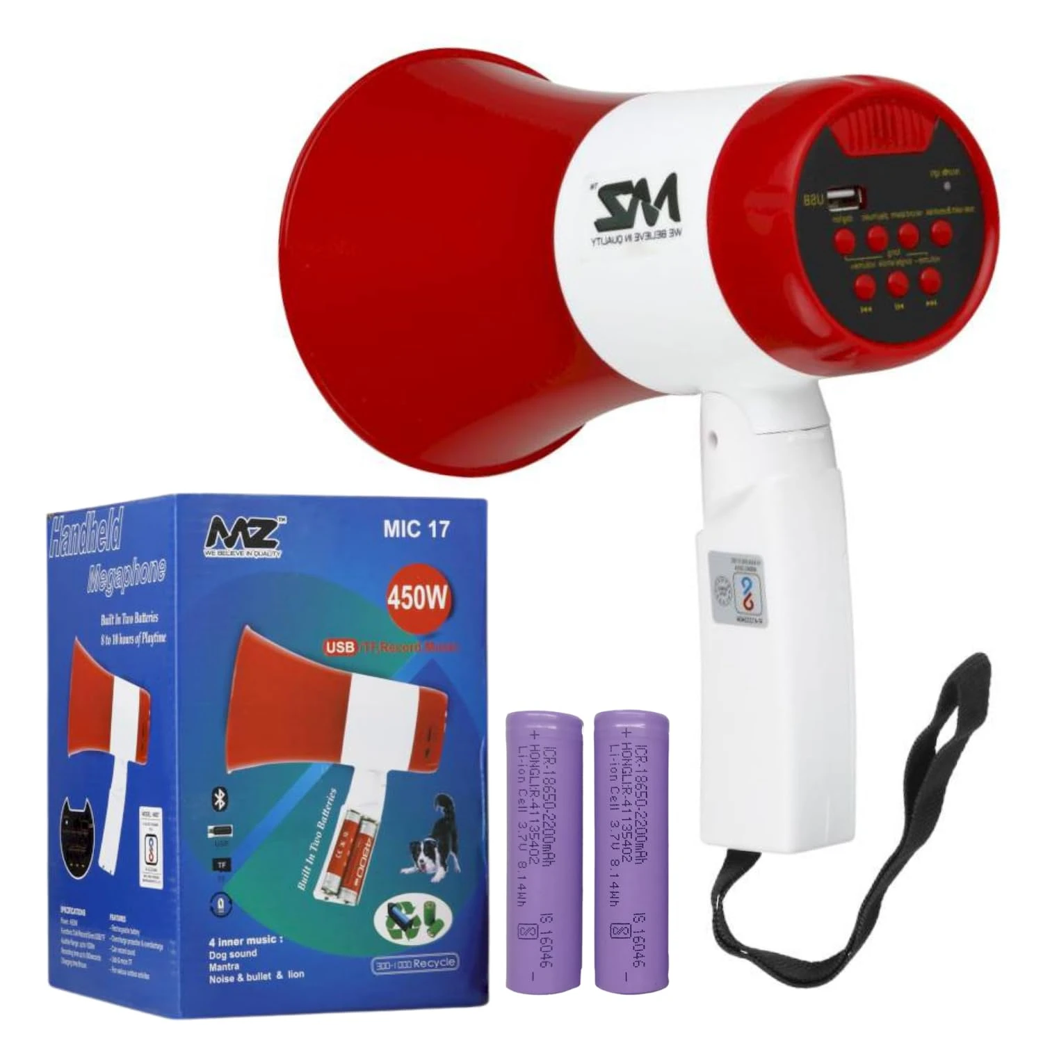 MZ Megaphone | Loud Speaker, USB/Memory Card Input, Recorder, Siren, Music Function | 4400mAh Rechargeable Battery | 450W | Red & White