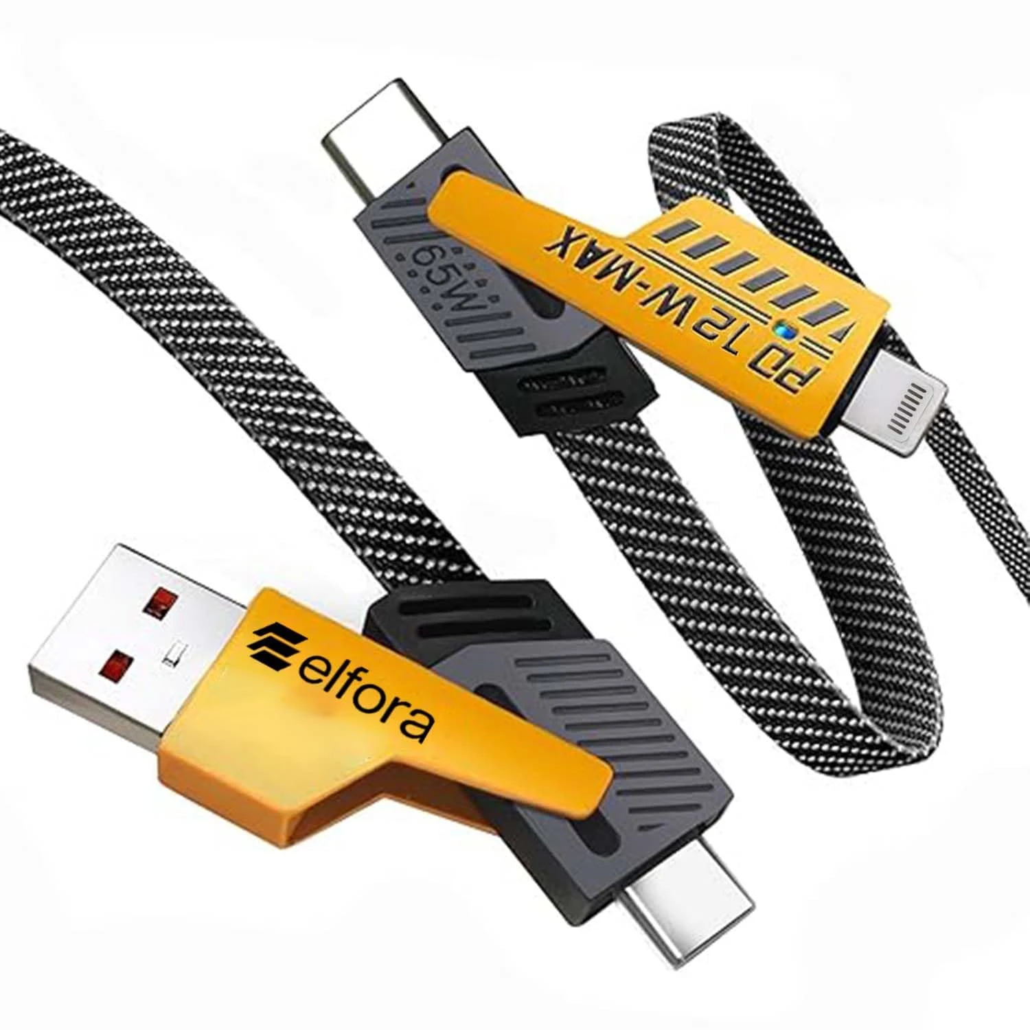 4-In-One 1.2 M USB-A To Type-C To Type-C + Type-L Metal Connector Fast Data Charging Carbon Texture Braided Cable For Personalcomputer (Black & Yellow, One Cable), 1.2M