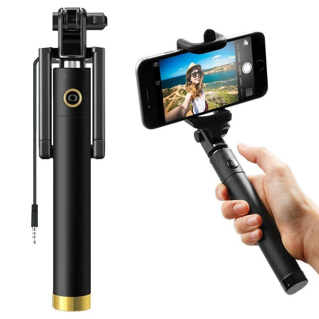 Universal Wired Selfie Stick with Phone Holder – Black (For YouTube, Reels & Photography)