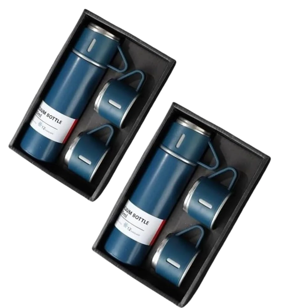 Double Wall Stainless Steel Thermo 500ml Vacuum Insulated Bottle Water Flask Gift Set with Two Cups Hot & Cold | Corporate Gift Items