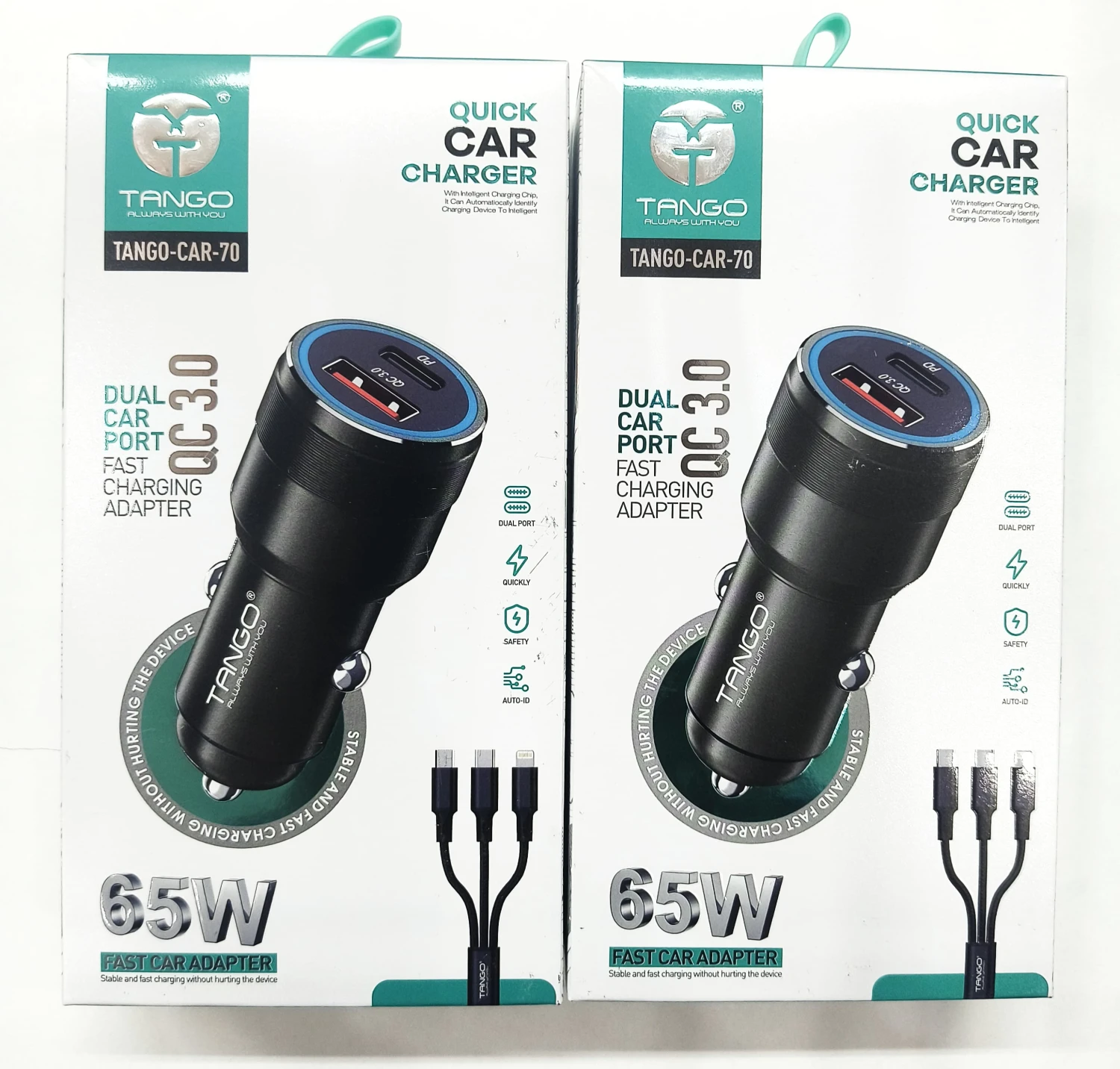 Tango 65W Qualcomm Certified Turbo Car Charger With 3in1 USB Cable