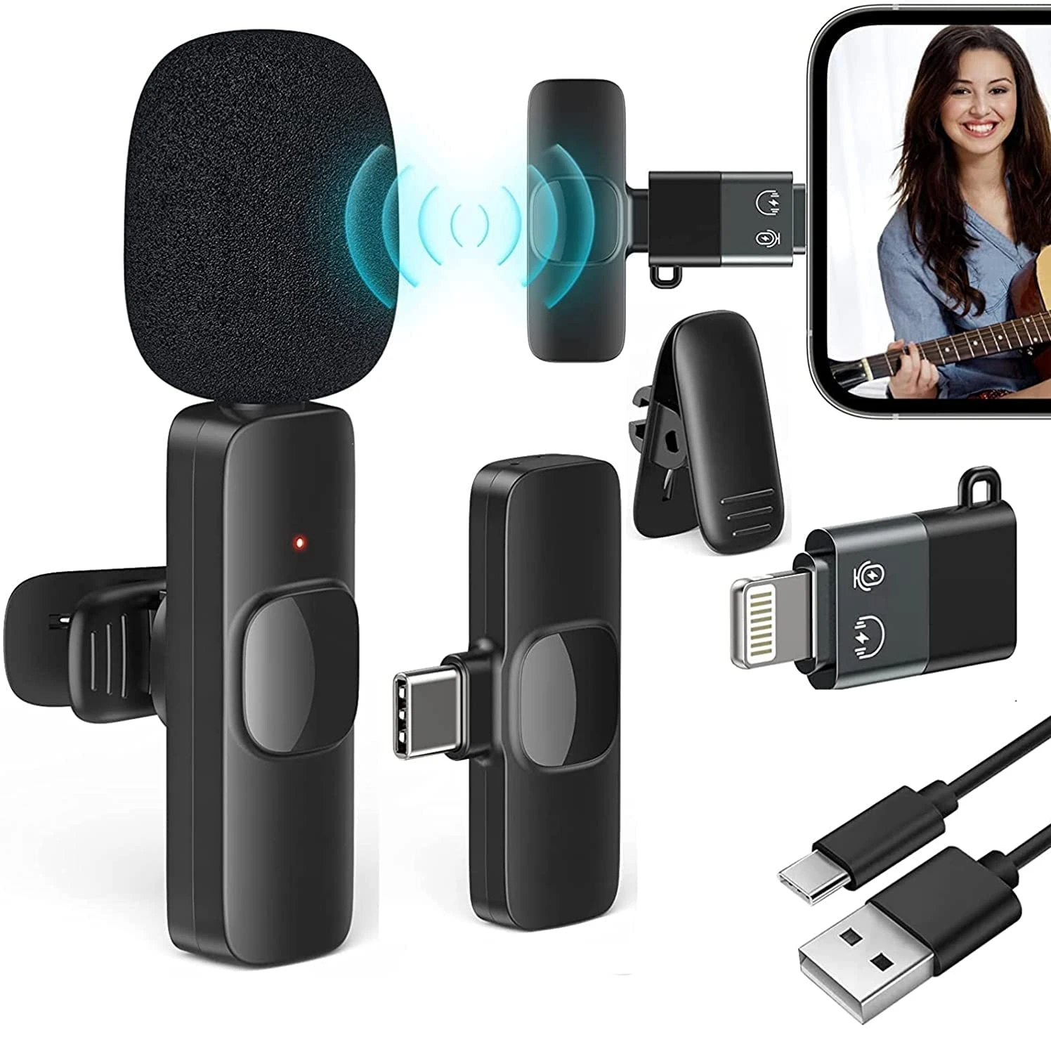 2 in 1 K8 Wireless Microphone, Digital Mini Portable Recording Clip Mic with Receiver for All Type-C Lightning Mobile Phones Camera Laptop for Vlogging