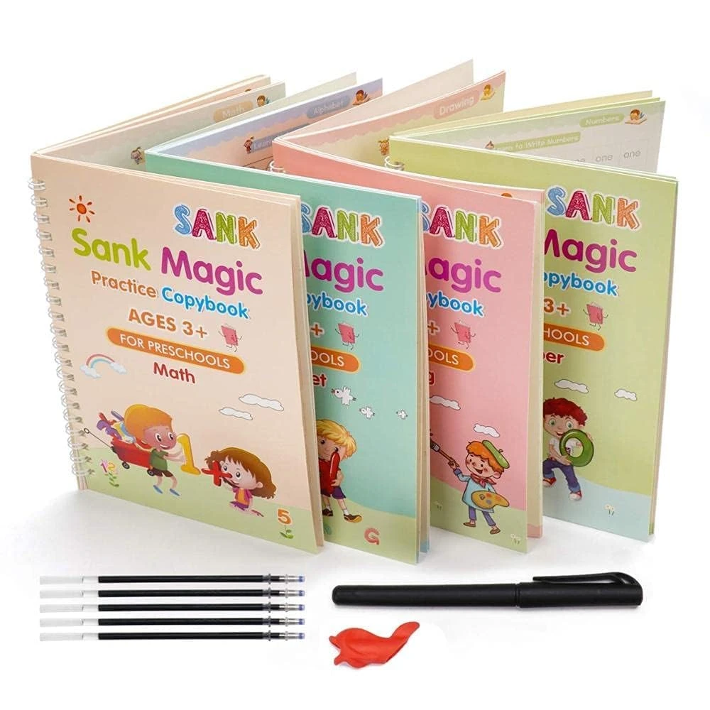 Practice Copybook for Kids, Sank Magic Practice Copybook, (4 Book+10 Refill+1 Pen+1 Grip) Number Tracing Book for Pre-Schoolers with Pen, Magic Calligraphy Copybook Set Writing Tool for Kids